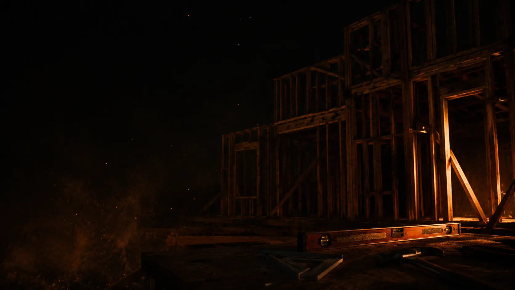 Timber framing on a construction site at dusk, a level and framing square resting on the subfloor