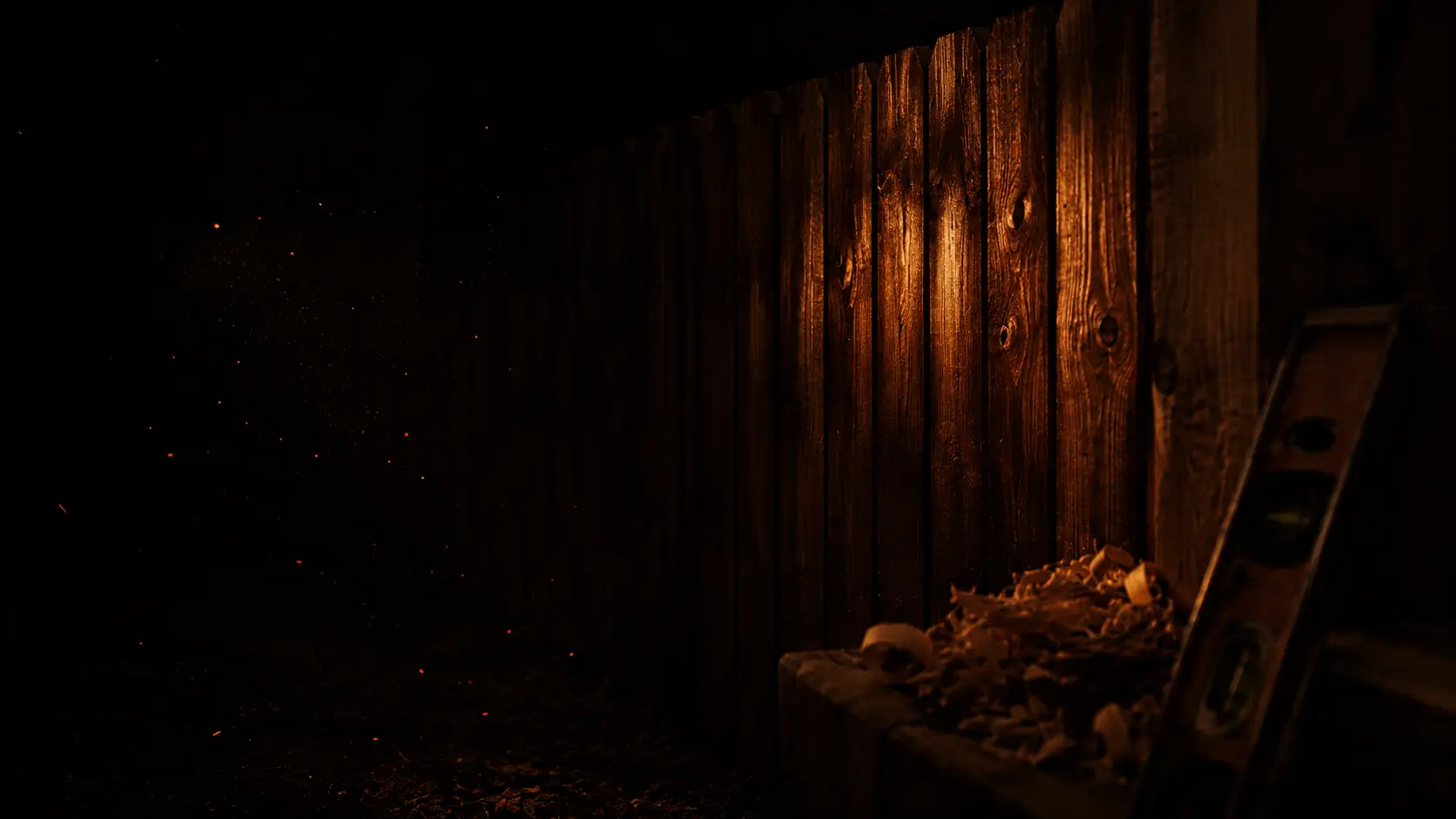 A freshly built cedar privacy fence at dusk, a level and wood shavings resting against the last post
