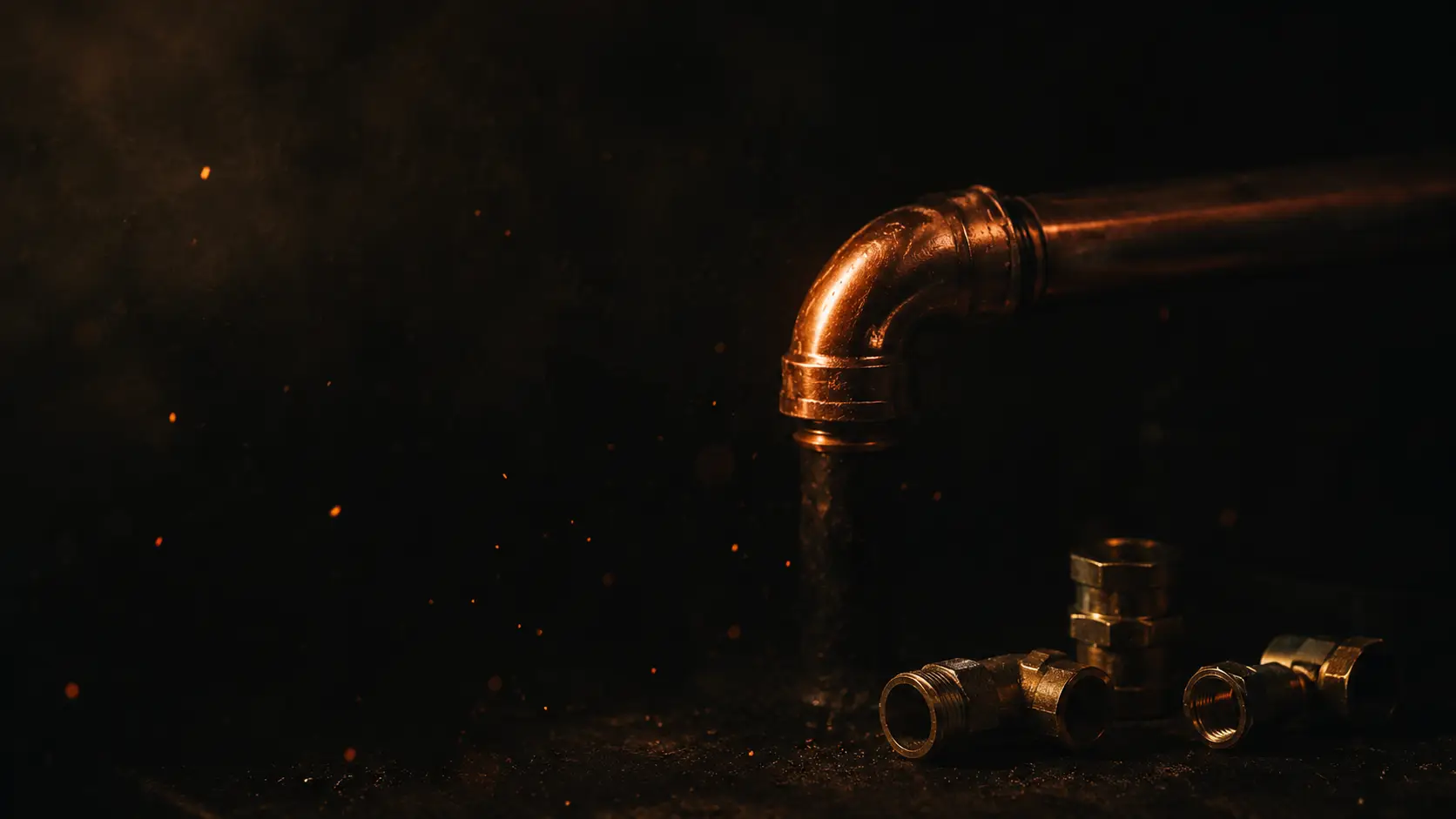 A polished copper pipe elbow and brass fittings catching warm light against a dark backdrop