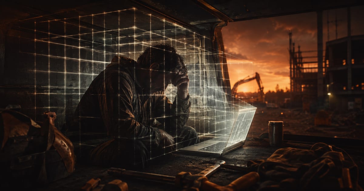 A worn, weary contractor sits hunched at a glowing laptop inside a dim work truck at dusk, boxed in by a rigid glowing grid of light, with a construction site and orange sunset visible through the truck window.